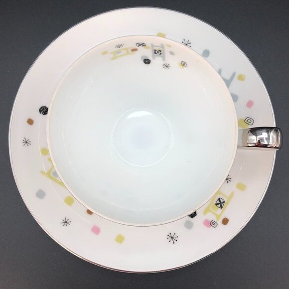 Vintage Tea Cup Saucer Set 50s Frolic pattern Mid Century Atomic Dinnerware - Picture 3 of 10